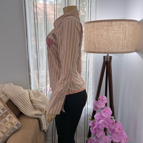 Johnny Was Striped Embroidered Floral Button Up Size M Women's Top Shirt Blouse - Picture 6 of 12